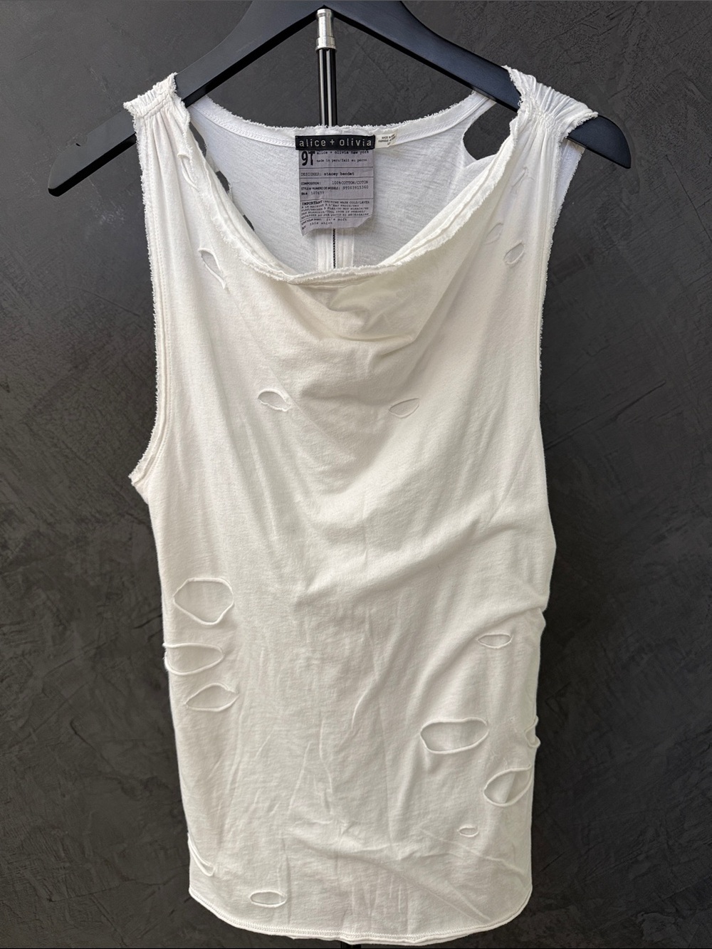 EUC Alice + Olivia White Distressed Sleeveless cowl neck Tank size S